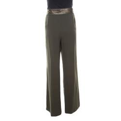 Pre Owned Escada Military Green Wool Crepe Satin Waist Tie Detail Wide Leg Pants L