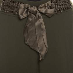 Pre Owned Escada Military Green Wool Crepe Satin Waist Tie Detail Wide Leg Pants L