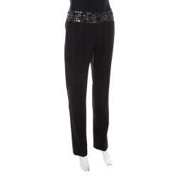 Escada Black Pinstriped Wool Embellished High Waist Detail Trousers S