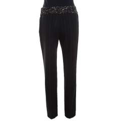 Escada Black Pinstriped Wool Embellished High Waist Detail Trousers S