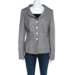 Escada Grey Herringbone Linen Wool Pleat Detail Button Front Blazer L