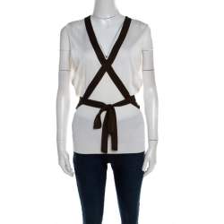 Escada Cream Knit Contrast Tie Up Trim Sleeveless Top L