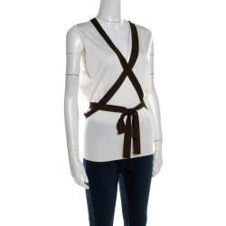 Escada Cream Knit Contrast Tie Up Trim Sleeveless Top L