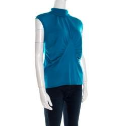 Pre Owned Escada Turquoise Blue Silk Wool Turtleneck Sleeveless Top L