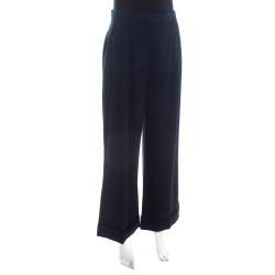 Escada Navy Blue Stretch Wool Crepe High Waist Wide Leg Trousers XL