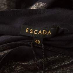 Pre Owned Escada Navy Blue Striped Foil Print Jersey Draped One Shoulder Eyline Dress L