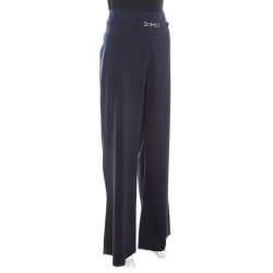 Escada Navy Blue Stretch Wool Crepe High Waist Wide Leg Trousers XL