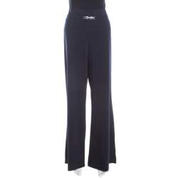 Escada Navy Blue Stretch Wool Crepe High Waist Wide Leg Trousers XL