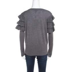 Escada Grey Wool and Mohair Ruffled Sleeve Detail Button Front Cardigan L