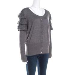 Escada Grey Wool and Mohair Ruffled Sleeve Detail Button Front Cardigan L