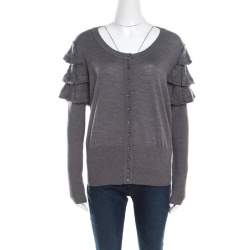 Escada Grey Wool and Mohair Ruffled Sleeve Detail Button Front Cardigan L