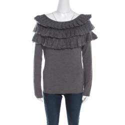 Escada Grey Wool and Mohair Ruffled Bodice Detail Long Sleeve Sweater L