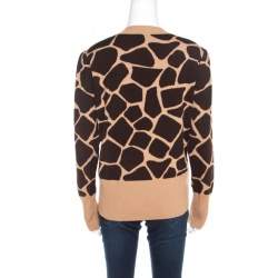 Escada Beige and Brown Giraffe Pattern Wool and Silk Knit Plunge V Neck Sweater L