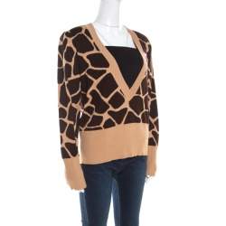 Escada Beige and Brown Giraffe Pattern Wool and Silk Knit Plunge V Neck Sweater L