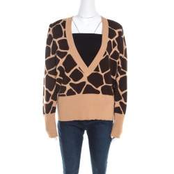 Escada Beige and Brown Giraffe Pattern Wool and Silk Knit Plunge V Neck Sweater L