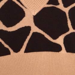 Escada Beige and Brown Giraffe Pattern Wool and Silk Knit Plunge V Neck Sweater L