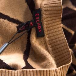Escada Beige and Brown Giraffe Pattern Wool and Silk Knit Plunge V Neck Sweater L