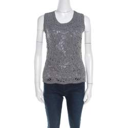 Escada Flannel Grey Wool Cord Embroidered Sleeveless Schulamit Top S