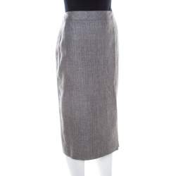 Escada Grey Linen and Wool Blend Front Slit Detail Pencil Skirt L 