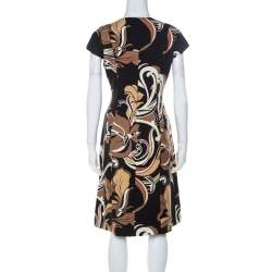 Escada Black and Brown Floral Printed Silk and Wool Blend A Line Dress M 