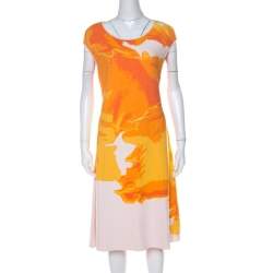 Escada Sunset Orange Fantasy Print Pique Knit Shaleesa A Line Dress L