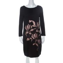 Pre Owned Escada Black Rib Knit Floral Cut Out Overlay Elcami Long Sleeve Dress M