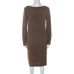 Escada Olive Green Crepe Side Pleated Long Sleeve Shift Dress M 