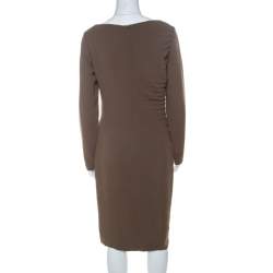 Pre Owned Escada Olive Green Crepe Side Pleated Long Sleeve Shift Dress M