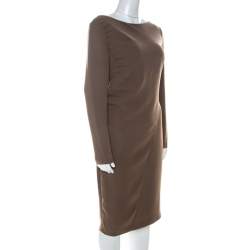Pre Owned Escada Olive Green Crepe Side Pleated Long Sleeve Shift Dress M