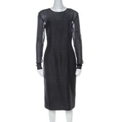 Escada Metallic Grey Wool Blend Sheer Yoke Dariello Pencil Dress L