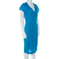 Pre Owned Escada Lagoon Blue Textured Knit Gold Chain Detail Sheath Dress M 