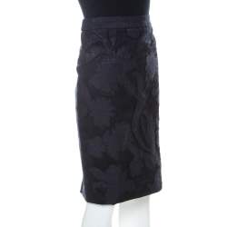 Escada Navy Blue Floral Applique Silk Jacquard Pencil Skirt L 