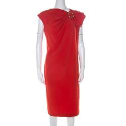 Escada Melon Red Crepe Gathered Fabric O-Ring Detail Cap Sleeve Dress M