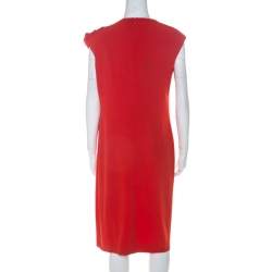 Pre Owned Escada Melon Red Crepe Gathered Fabric O-Ring Detail Cap Sleeve Dress M