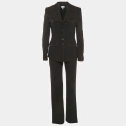 Pre Owned Escada Black & Red Trim Wool Belted Pant Suit S 