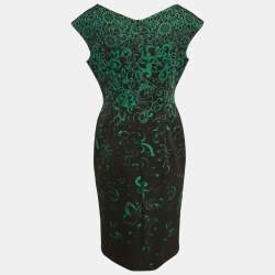 Pre Owned Escada Black/Green Floral Print Neoprene Midi Dress L