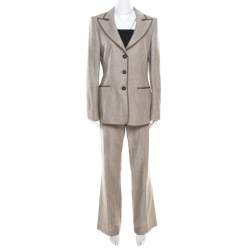 Pre Owned Escada Brown Textured Cotton and Silk Blend Tailored Pant Suit M
