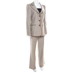 Pre Owned Escada Brown Textured Cotton and Silk Blend Tailored Pant Suit M