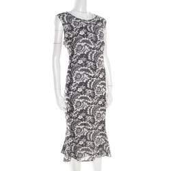 Escada Monochrome Lace Printed Silk Sleeveless Flounce Midi Dress XL