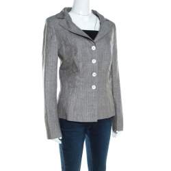 Escada Grey Linen and Wool Pleat Detail Tailored Blazer L