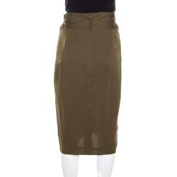 Escada Moss Green Silk Gathered Waistband Pencil Skirt L