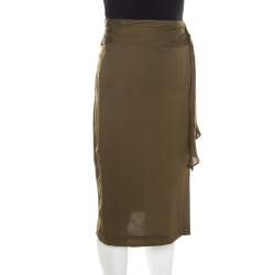 Escada Moss Green Silk Gathered Waistband Pencil Skirt L