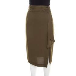 Escada Moss Green Silk Gathered Waistband Pencil Skirt L
