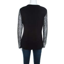 Pre Owned Escada Black Lace Overlay Jersey Crystal Embellished Scoop Neck Erbrou Top M