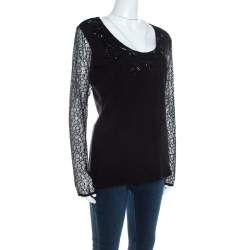 Pre Owned Escada Black Lace Overlay Jersey Crystal Embellished Scoop Neck Erbrou Top M