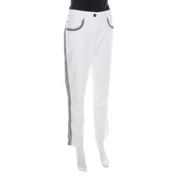Escada White Contrast Embroidered Denim Straight Fit Jeans L