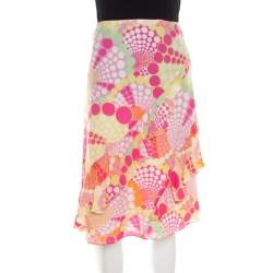 Pre Owned Escada Pink Circle Printed Silk Ruffled A Line Skirt L