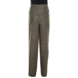 Escada Olive Green Metallic Plaid Wool Blend Wide Leg Trousers XXL