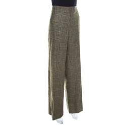 Escada Olive Green Metallic Plaid Wool Blend Wide Leg Trousers XXL