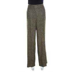 Escada Olive Green Metallic Plaid Wool Blend Wide Leg Trousers XXL